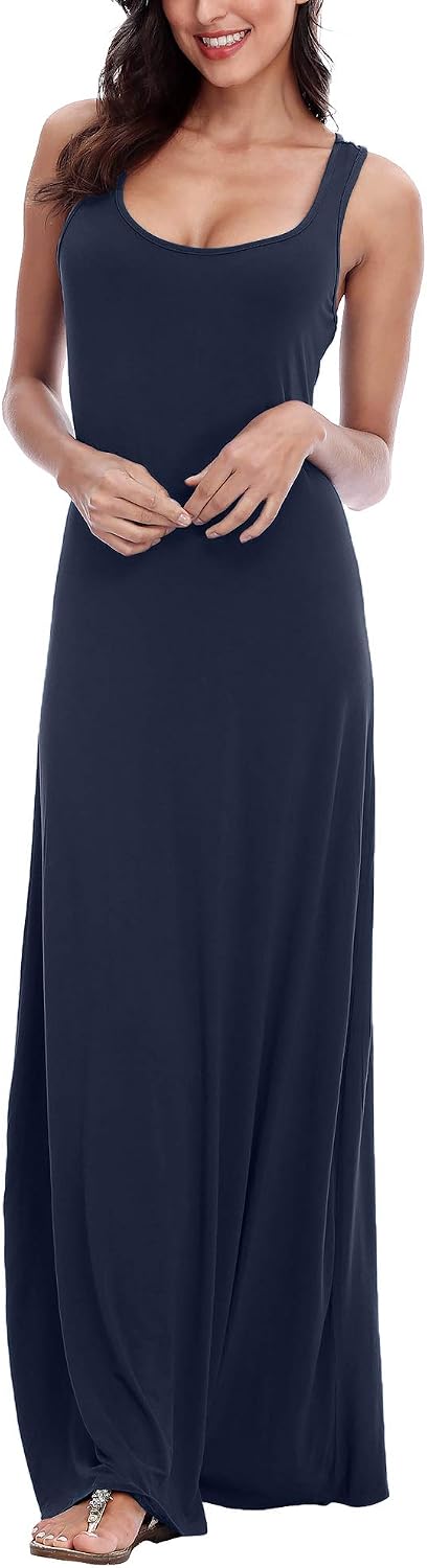 EXCHIC Damen Casual Solide Ärmellos Maxi Kleid Sommer Sexy Strand Tank Top Kleider M Marine Blau, M