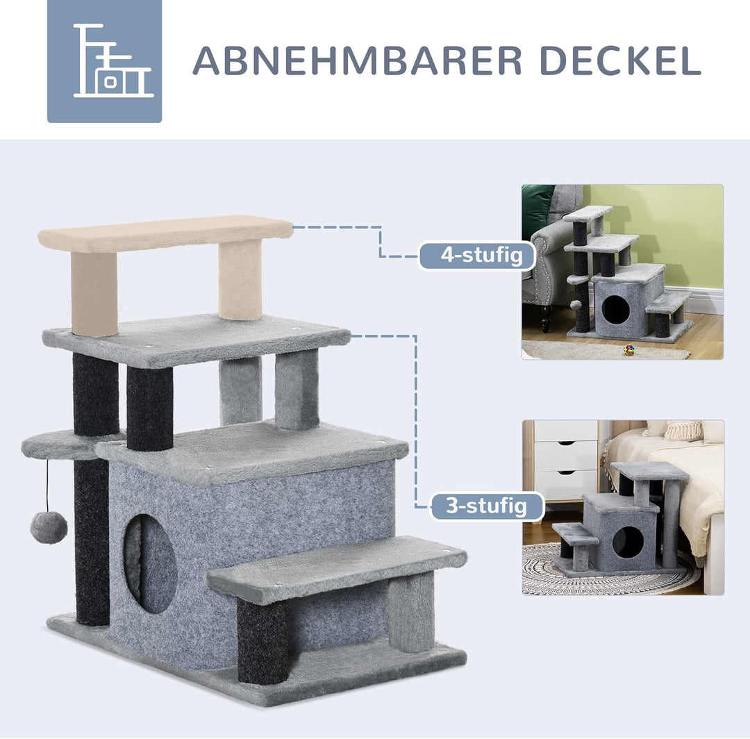 PawHut Hundetreppe 3/4 Stufen 66 cm Hoch Haustiertreppe mit Schlafhöhle, Rampe, Sipielball, Katzentr