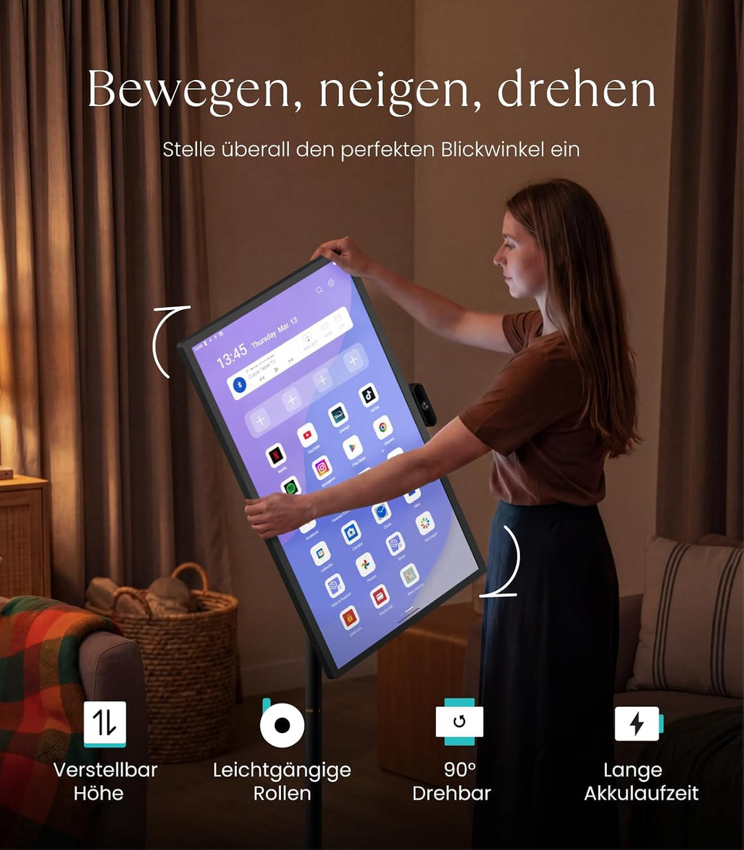 cozyla 32 Zoll Smart Portable TV mit integriertem Akku und Rollen Reinschwarz, Reinschwarz