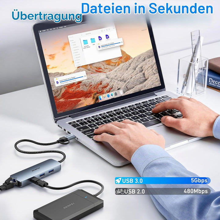 BENFEI USB C Gigabit Ethernet Adapter, 3 Ports Hub 3.0 Mit RJ45 LAN Netzwerkadapter für MacBook Pro/