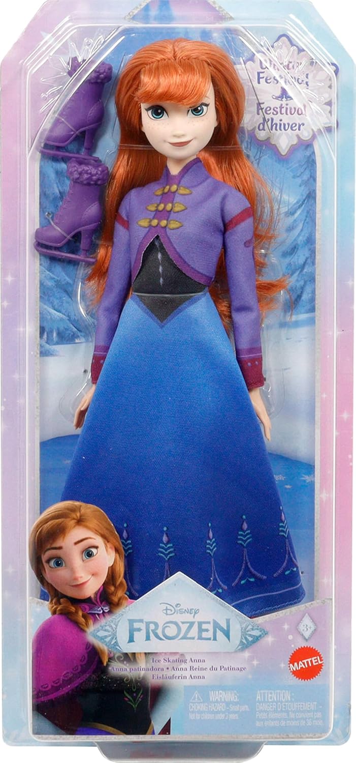 Disney Die Eiskönigin Anna-Modepuppe mit Zubehör, Eisläuferin-Look mit abnehmbarem Kleid und abnehmb