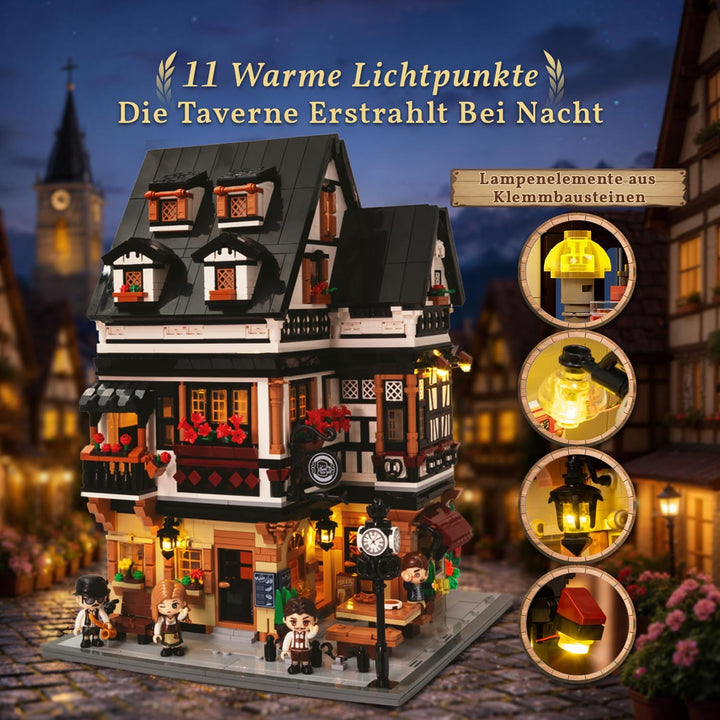 PANTASY Bayerisches Wirtshaus Bauset für Erwachsene mit USB-C-Licht | 3-stöckiges Fachwerk-Modell mi