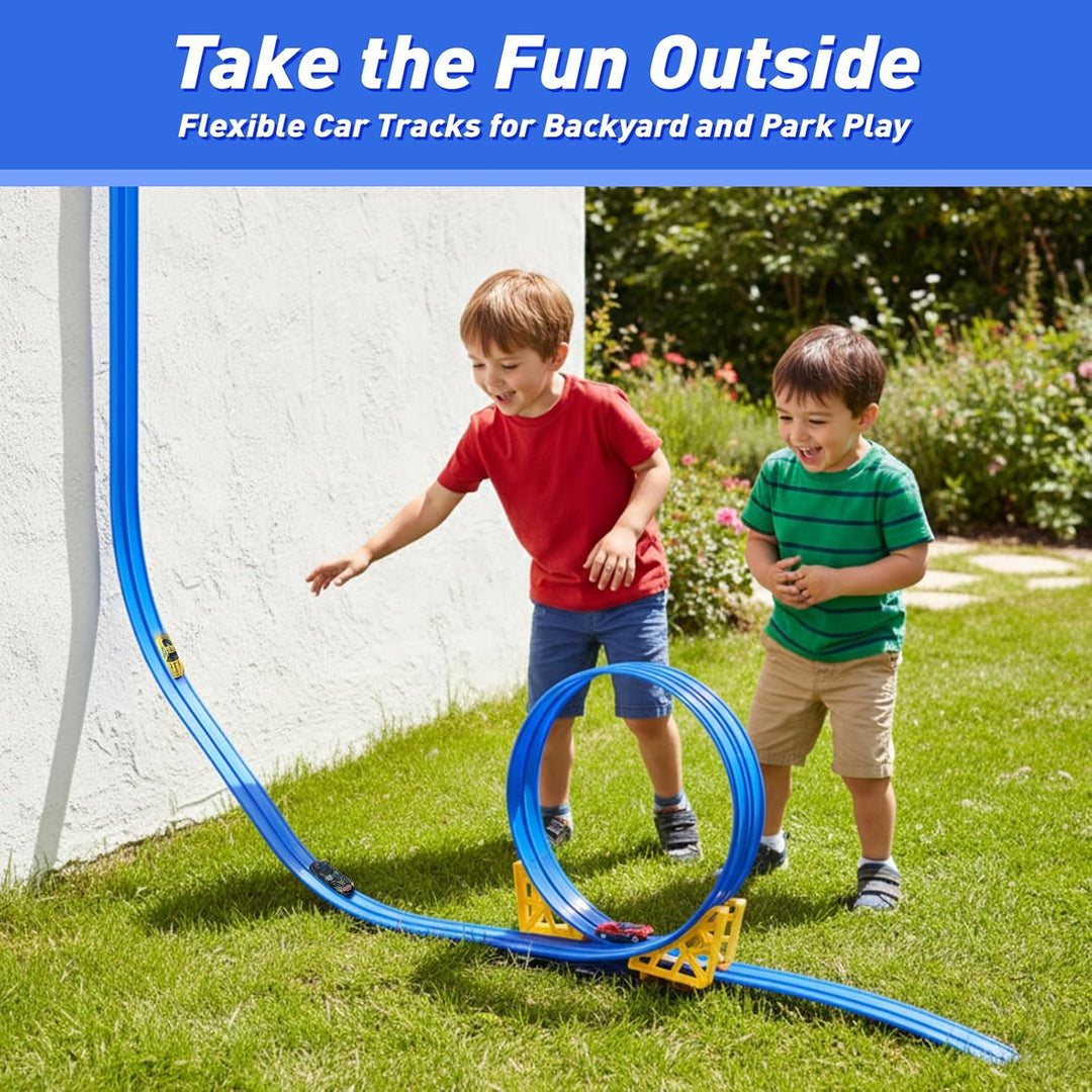 Dreamon Flexible Autorennbahn Kinder 5 Meter Rennbahn Rennstrecke Auto Spielzeug mit 4 Spielzeugauto