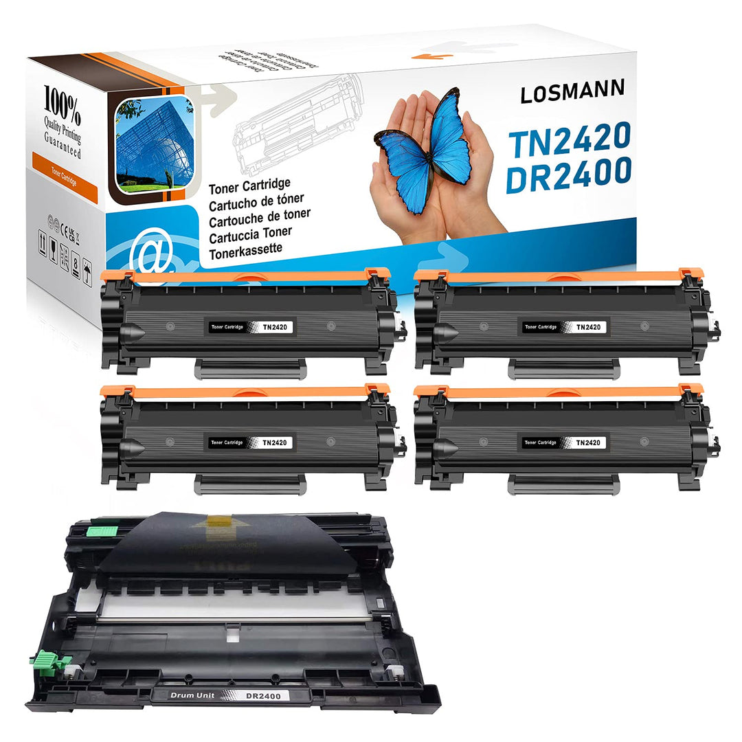 LOSMANN 4X Toner-Kartusche &amp; 1x Trommel Kompatibel zu Brother TN2420 TN2410 DR2400 für DCP-L2530 L25