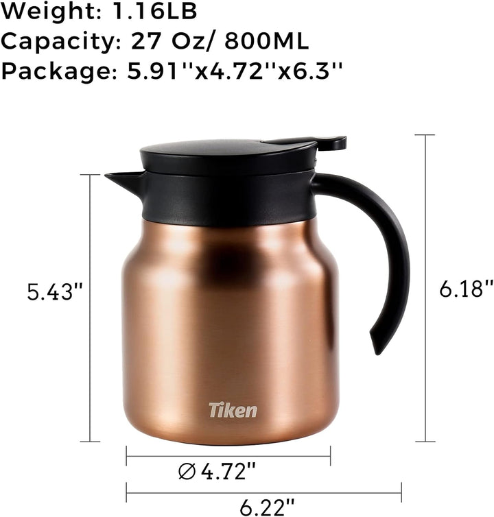 Tiken 800ml Thermoskanne aus Doppelwandingem Edelstahl Isolierkanne Kaffeekanne mit Quick Tip Versch
