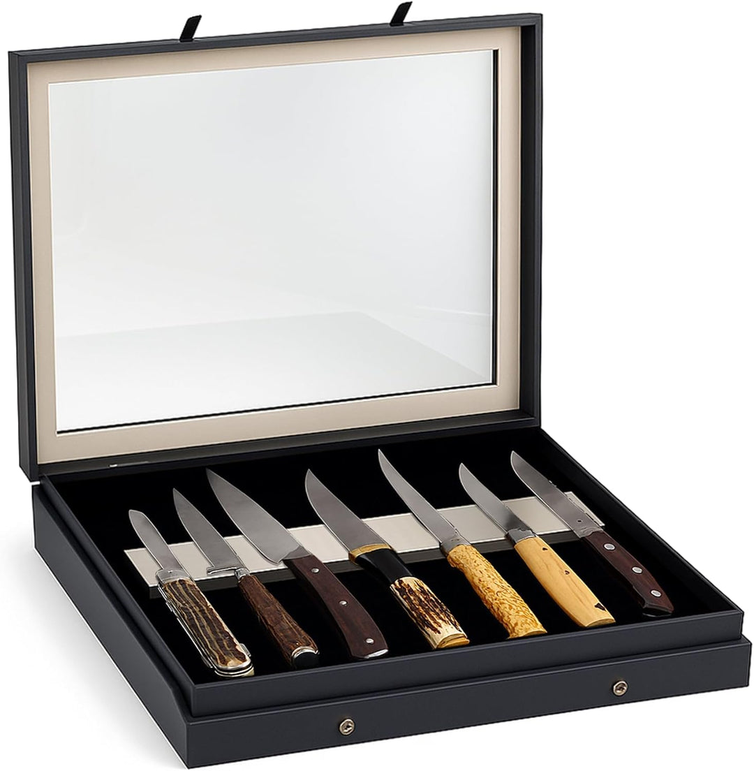 SAFE Professionelle Vitrine mit Doppel Magnetleiste Messer bis 29 cm | Scheibe aus Glas | Mattschwar