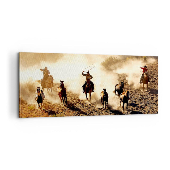 Panorama Bilder auf Leinwand 100x40cm Leinwandbild Cowboys Pferde Galopp Gross Wanddeko Bild Schlafz