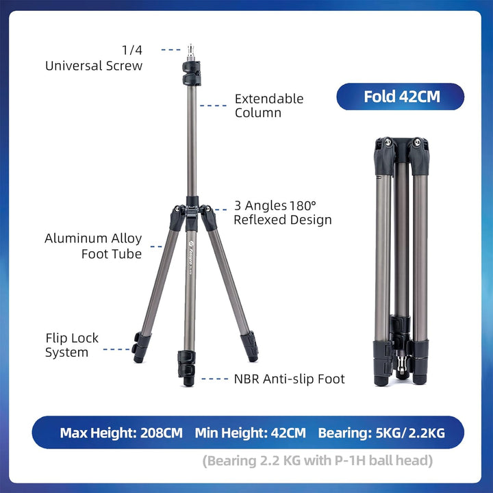 Fotopro 208CM Kamera Stativ mit 360° Kugelkopf, Telefonhalterung, Hohes und strapazierfähiges Ringli