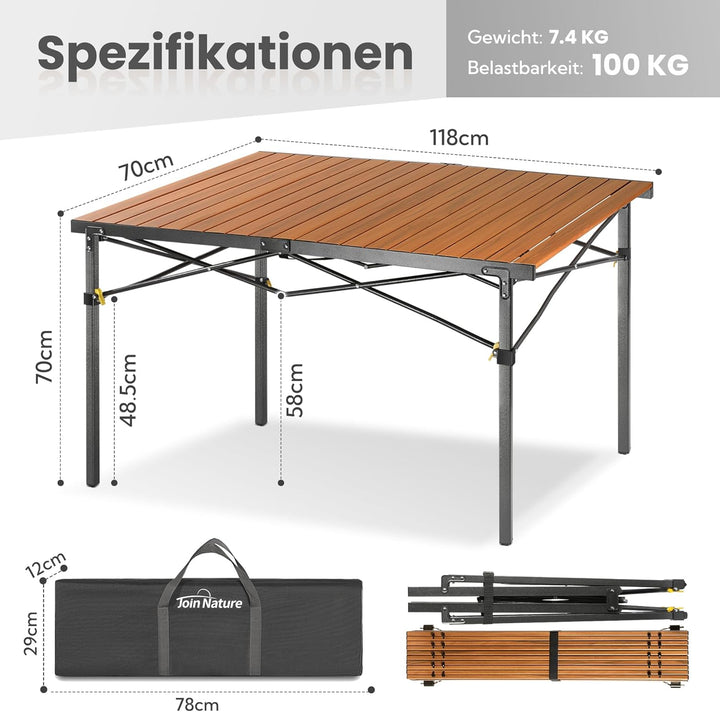 Join Nature Campingtisch Klappbar Bis 100KG mit Tragetasche Alu Klapptisch für 6 Personen - Roll Up