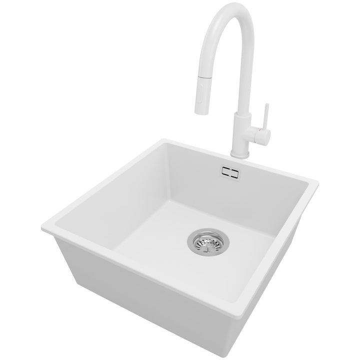 Spülbecken Weiss 46 x 47 cm, Granitspüle 1 Becken + Ablauf-Set + Küchenarmatur, Einbauspüle ab 50er