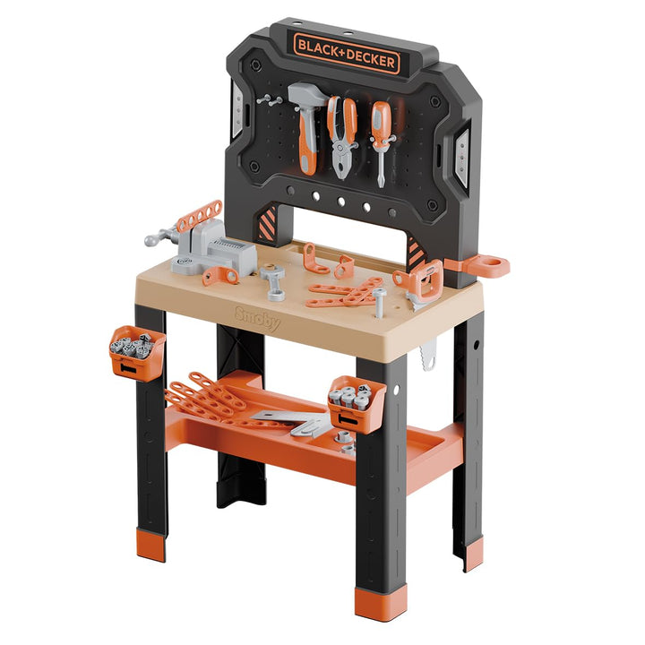 Smoby – Black+Decker Werkbank – 78 Zubehörteile inkl. 7 Werkzeuge wie Säge, Schraubstock, Schraubend