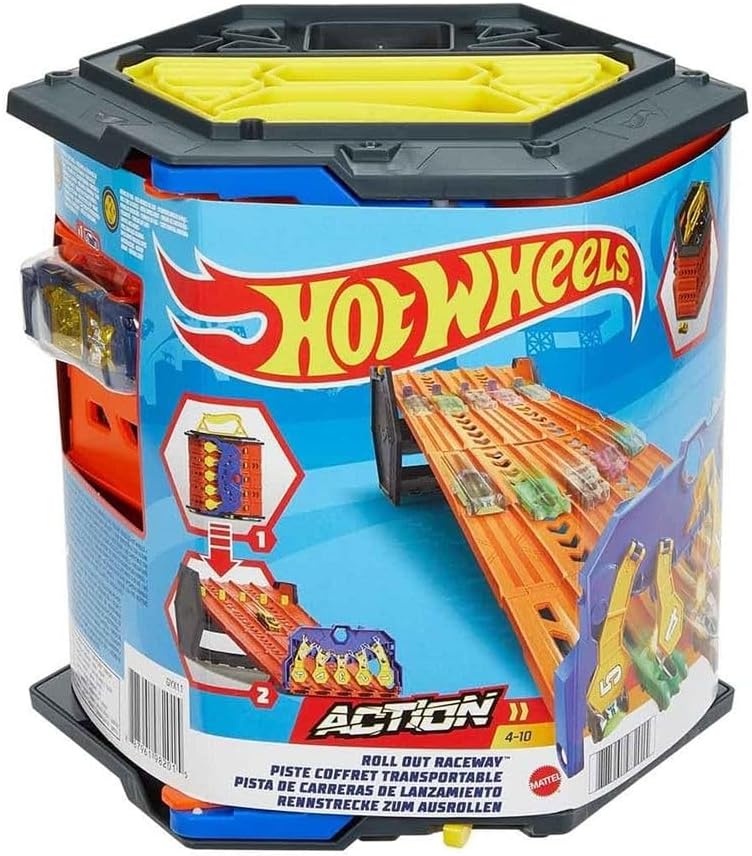 Hot Wheels GYX11 - Rollout Raceway Trackset, lässt sich zu einer fünfspurigen Rennstrecke ausrollen,