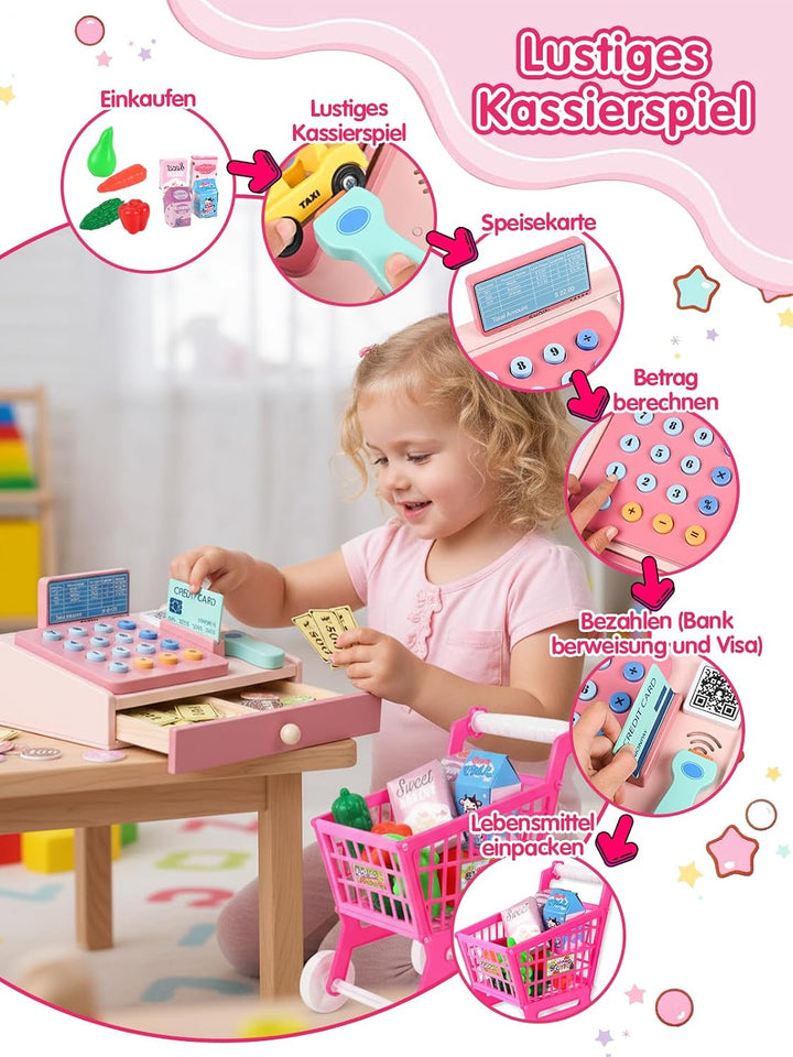 Holz Kasse Kinder Spielzeug, Spielkasse mit Scanner Warenkorb Spielzeugartikel Spielgeld Münzen Debi
