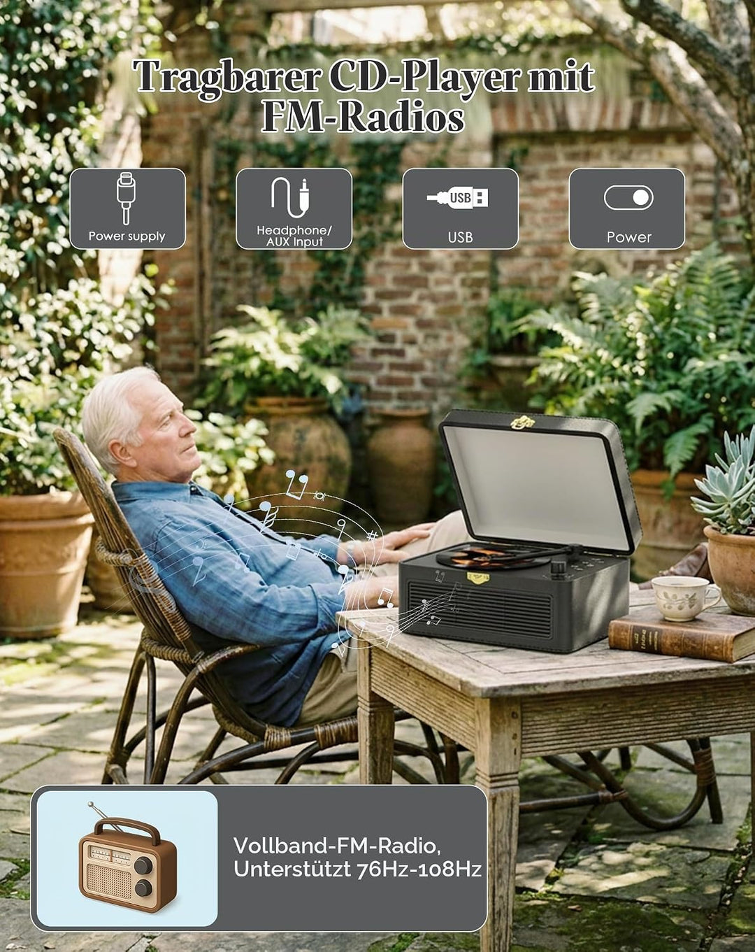 Tragbar CD Player Bluetooth Retro Radio mit CD-Player mit Lautsprecher Unterstützung USB &amp; AUX-Wiede