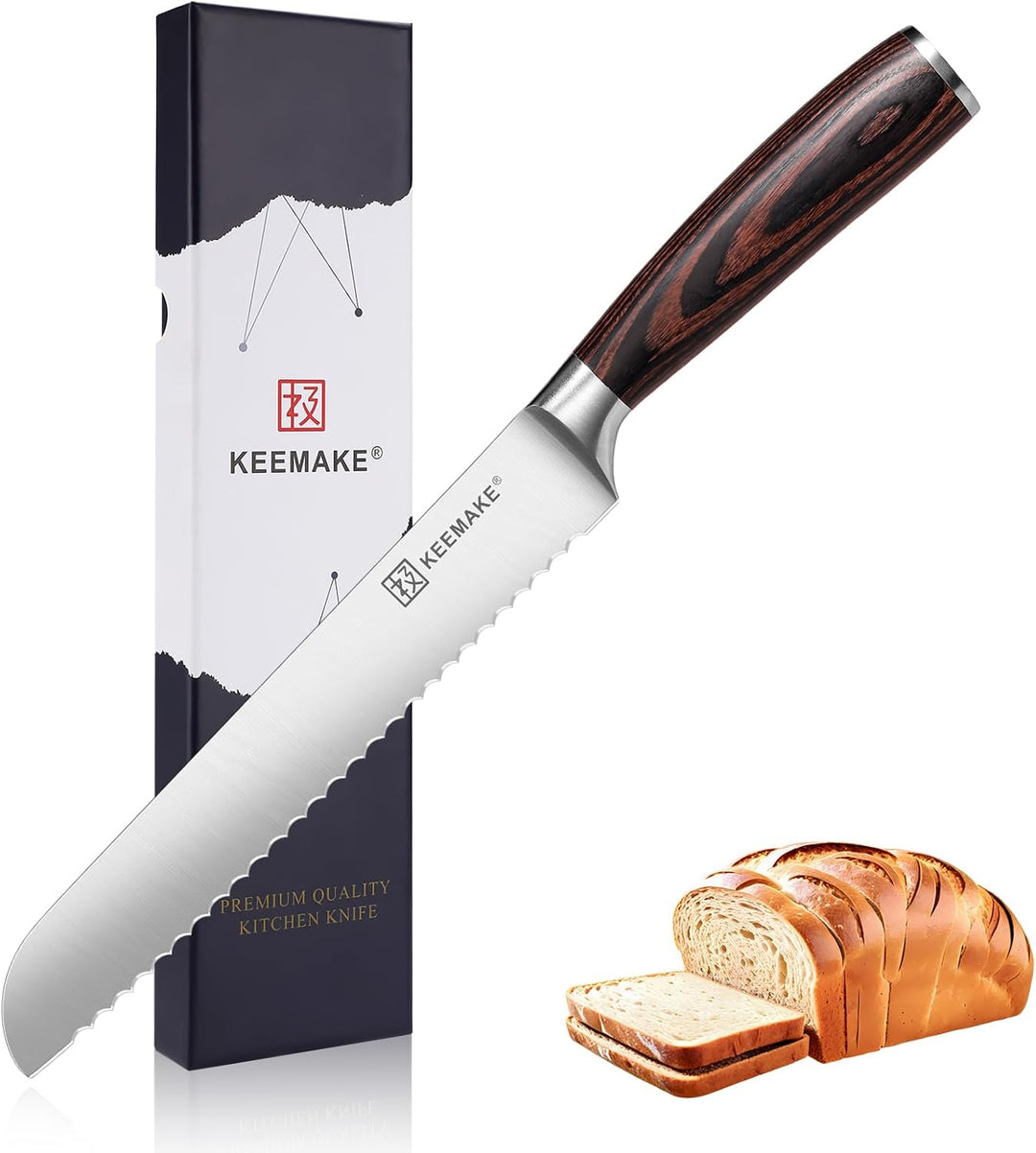 KEEMAKE Brotmesser mit Wellenschliff, Extra scharfes Brotschneidemesser 20 cm aus hochwertigem rostf