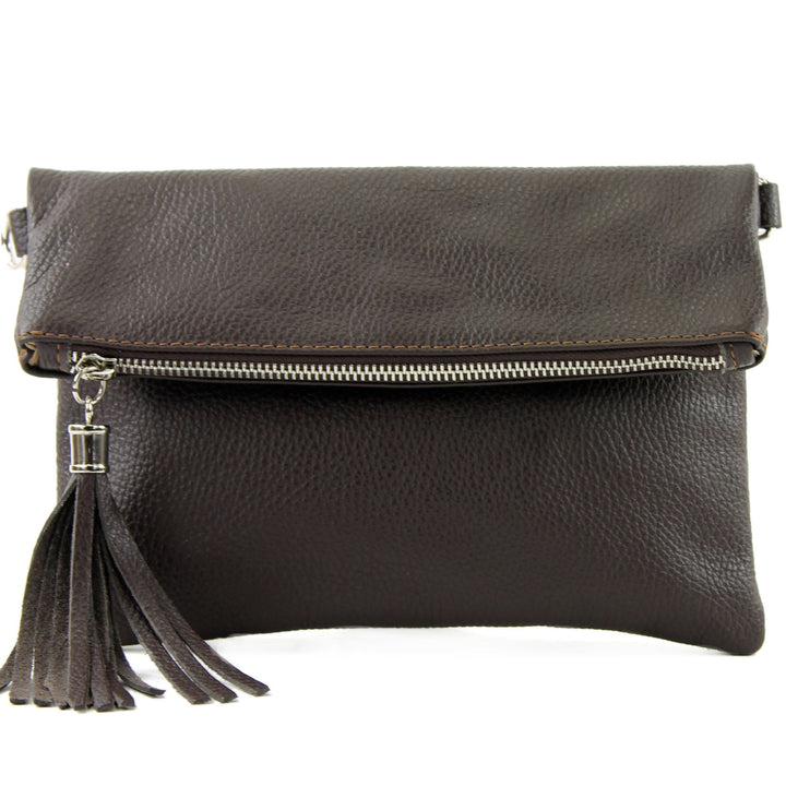 modamoda de - T167 - ital Clutch Umhängetasche Leder Klein Dark Chocolate, Dark Chocolate