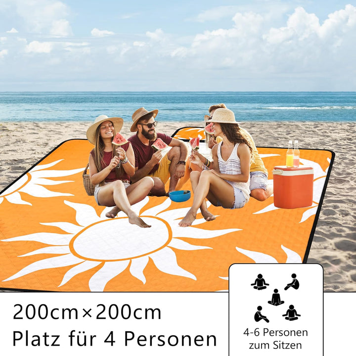 Picknickdecke 200x200 cm，XXL Stranddecke wasserdicht sandfrei, faltbare Strandmatte aus Dreischichti