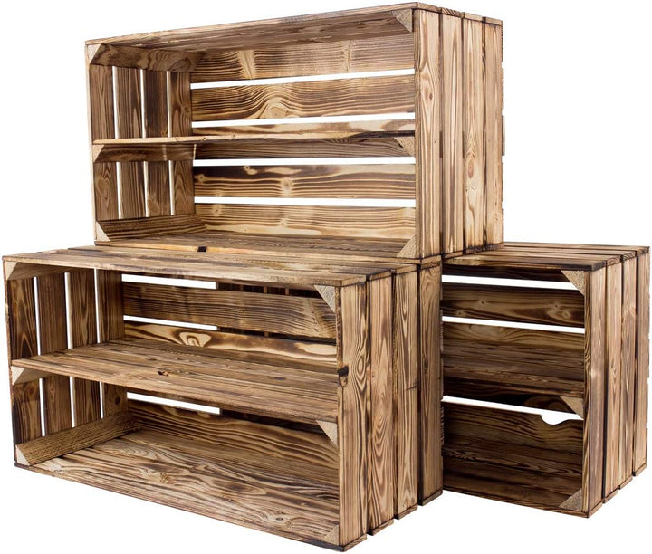 Grosses geflammte/verbrannte Schuhregal 68x40x30cm 3er Set Regal Obstkiste Ablage Wandregal Holzkist