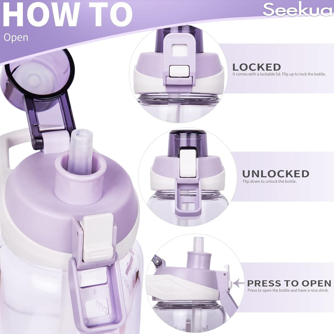 Seekua 1l Sport Trinkflasche Glas Flasche mit Strohhalm & Zeitmarkierung auslaufsicher bpa frei 1 li