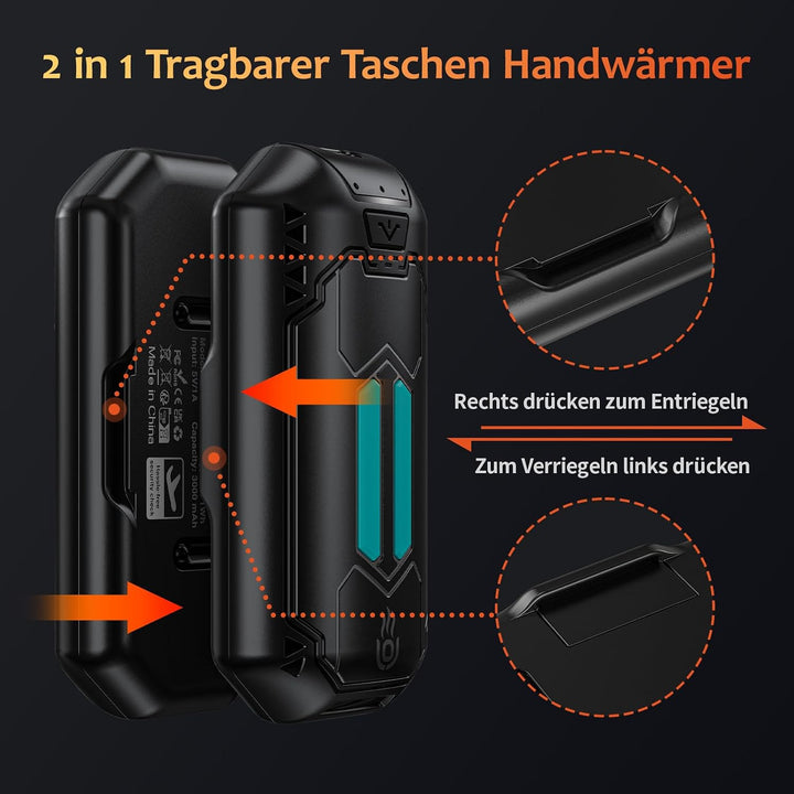 Handwärmer Elektrisch Split 2er-Pack 6000mAh, OUTJUT Tragbare Taschenwärmer 3 Heizmodi Wiederaufladb