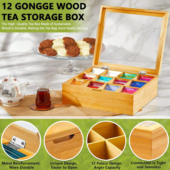 Teebox, Teebox aus Holz mit 12 Fächern,Teebeutel Aufbewahrungsbox,Teekiste mit Sichtfenster 28 x 22.