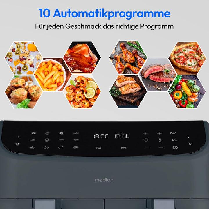 MEDION P20 XXL Heissluftfritteuse mit 2 Kammern (8,7 Liter, Airfryer, 2.600 Watt, Doppelkammer, 10 A