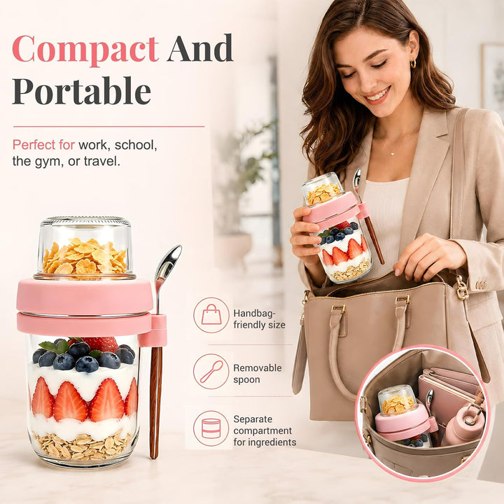 Müslibecher to go mit Löffel 2er Set 480ml+120ml | Overnight Oats Gläser, Joghurtbecher, Doppelschic