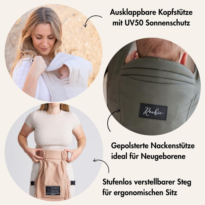 Rookie Babytrage ab Geburt - Ergonomisch, Bequem, Bio-Stoffe - Premium Elite Design - Baby Trage sch