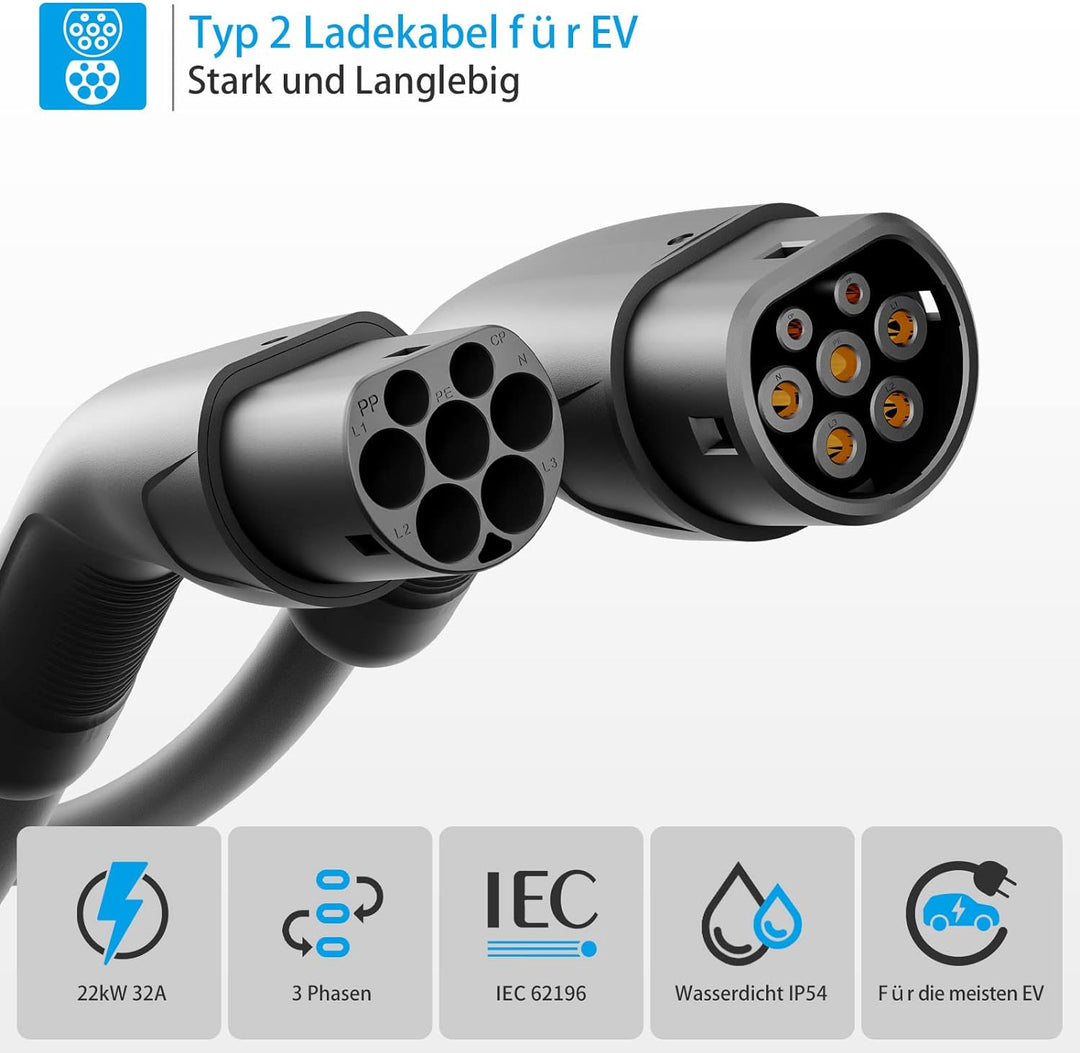 Rosaking Typ 2 Ladekabel 22kW,5M EV Ladekabel mit 3 Phasen＆IEC 62196,32A Elektrofahrzeuge Ladekabel