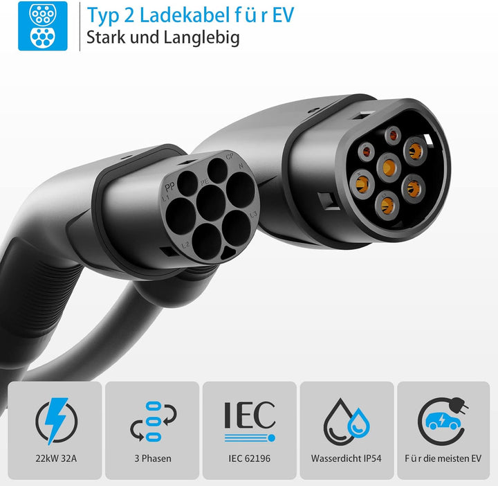 Rosaking Typ 2 Ladekabel 22kW,5M EV Ladekabel mit 3 Phasen＆IEC 62196,32A Elektrofahrzeuge Ladekabel