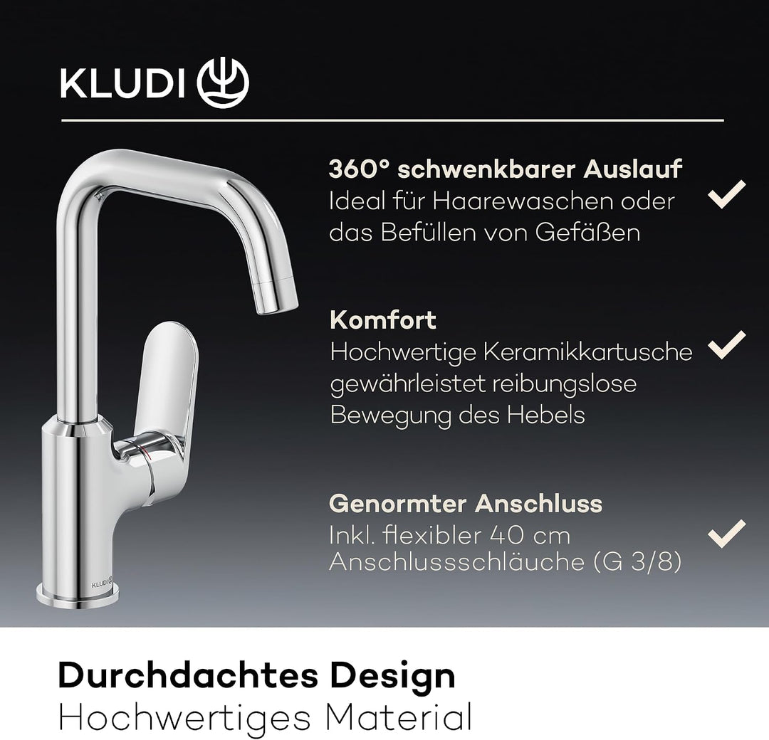 KLUDI-X1 Waschtischarmatur, 360° schwenkbar, Auslaufhöhe 205 mm, wassersparender Wasserhahn Bad Grös