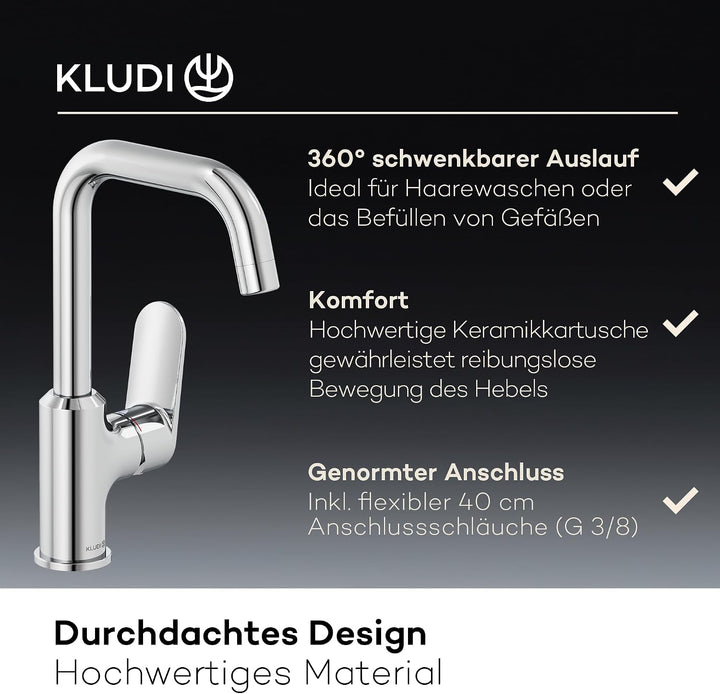 KLUDI-X1 Waschtischarmatur, 360° schwenkbar, Auslaufhöhe 205 mm, wassersparender Wasserhahn Bad Grös