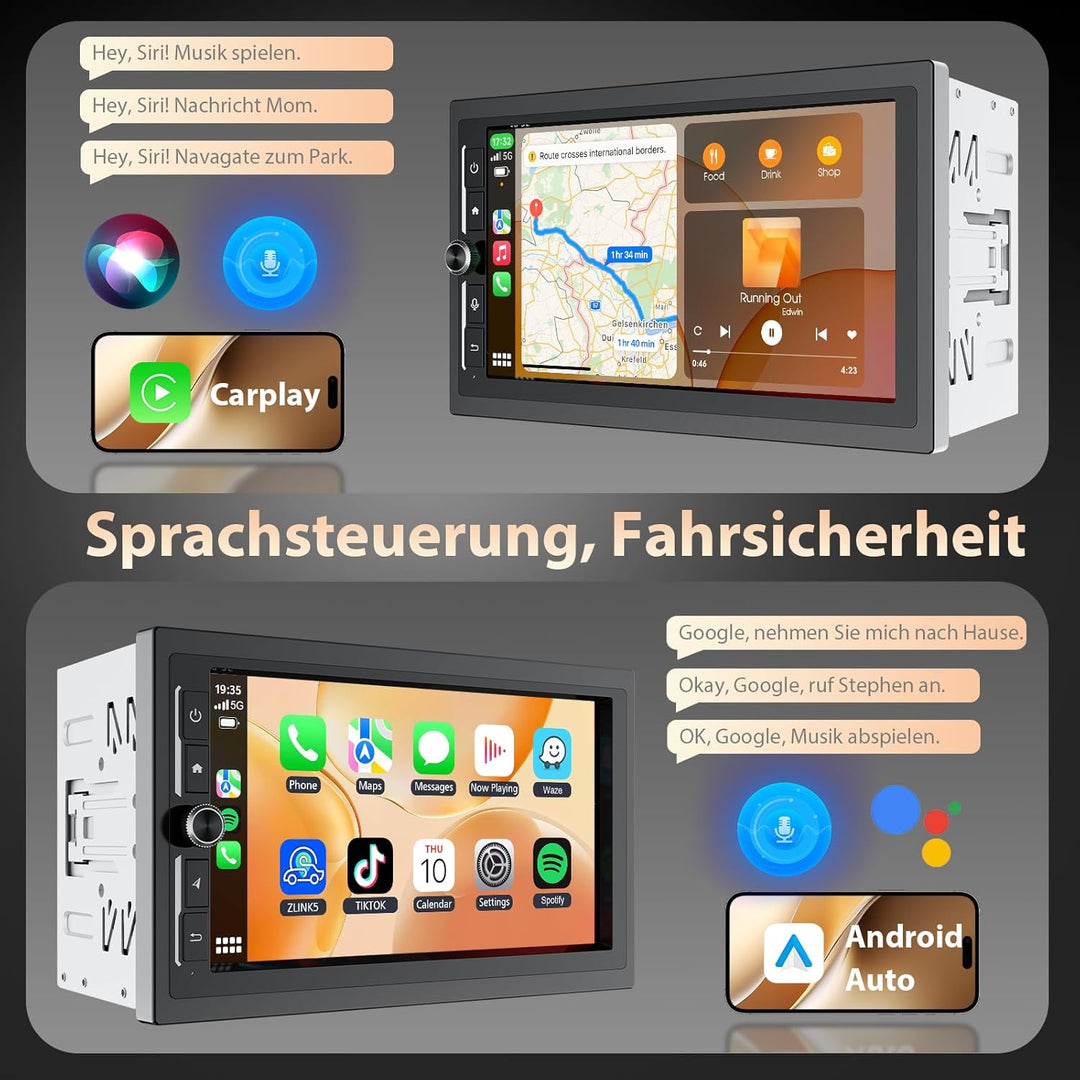 2 DIN Autoradio mit Bildschirm, 7 Zoll Wireless CarPlay Apple Android Auto, DAB+ Radio Bluetooth Car