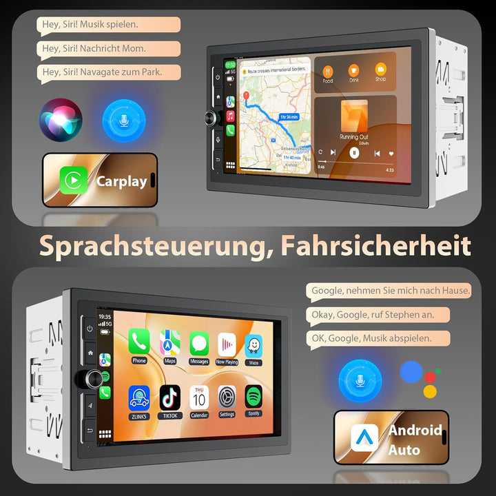 2 DIN Autoradio mit Bildschirm, 7 Zoll Wireless CarPlay Apple Android Auto, DAB+ Radio Bluetooth Car