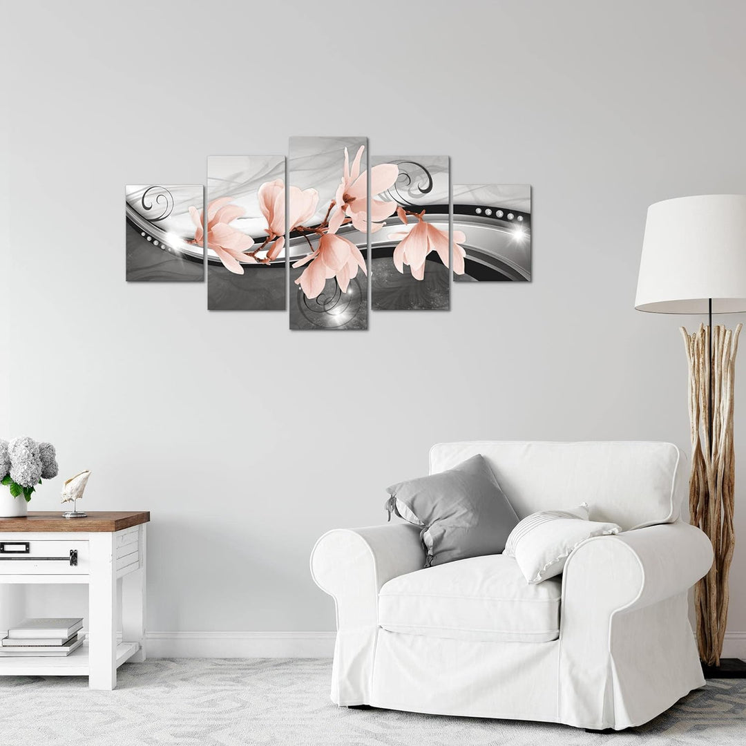 Runa Art Wandbilder Blumen Magnolien 5 Teilig Bild auf Vlies Leinwand Deko Wohnzimmer Abstrakt Schwa