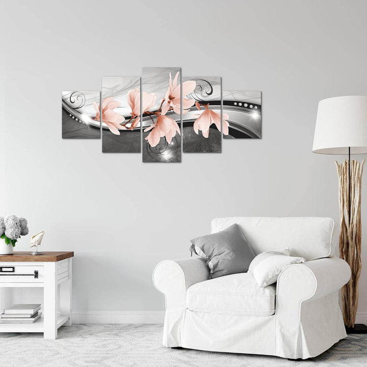 Runa Art Wandbilder Blumen Magnolien 5 Teilig Bild auf Vlies Leinwand Deko Wohnzimmer Abstrakt Schwa