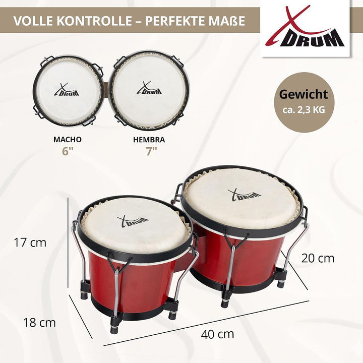 XDrum Bongos Club Set - 6" Macho und 7" Hembra - Naturfelle - professionelles Stimmsystem - Schwarz