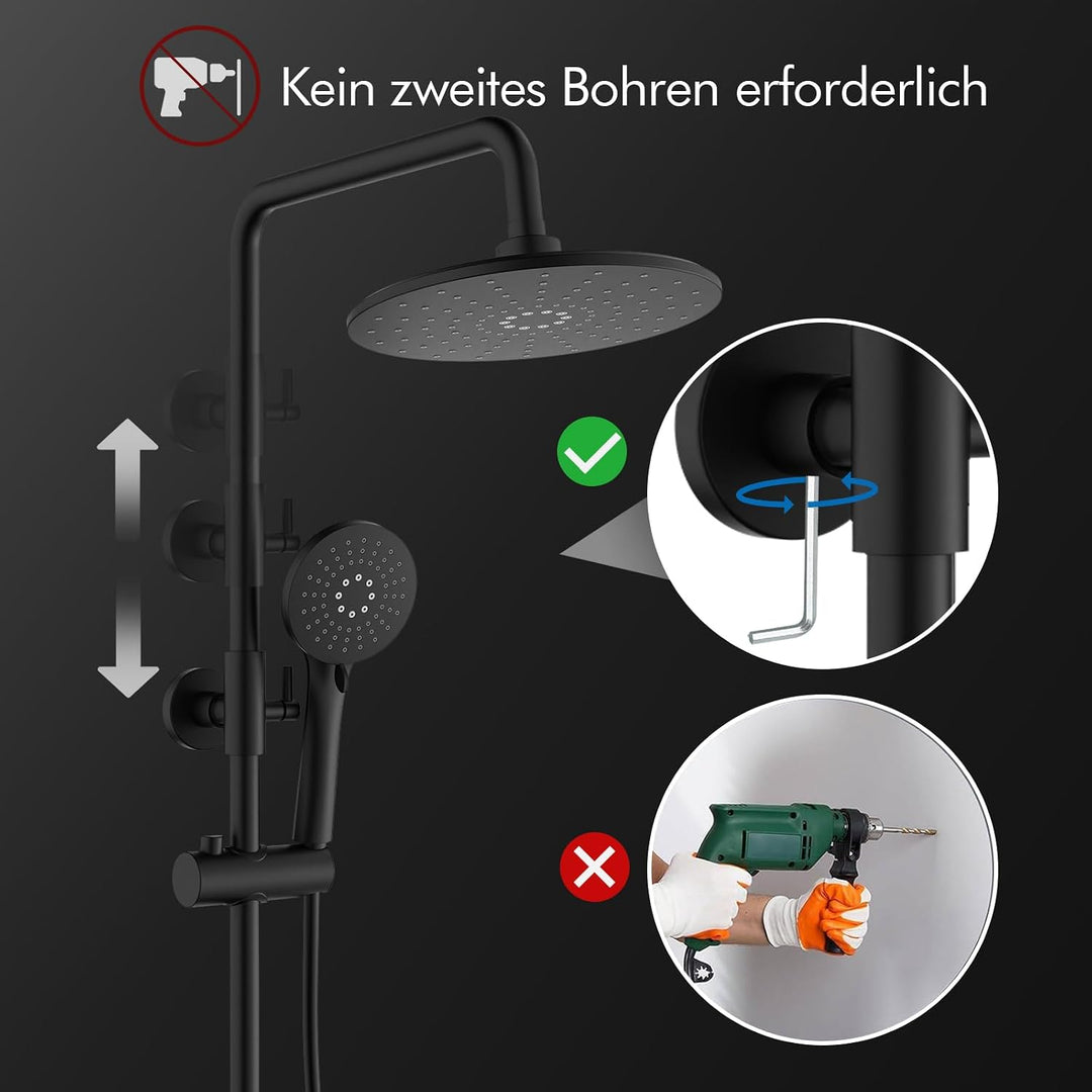 HOMELODY Duschsystem mit Thermostat und Duschablage - Duscharmatur Komplettset schwarz mit Rund Rege