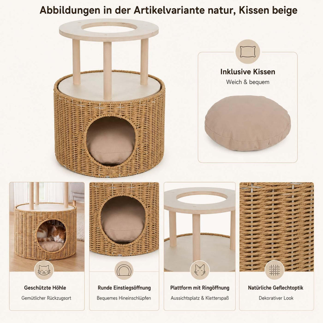 Mendler Katzenbett HWC-Q59 - Natur, Kissen beige | Katzenhöhle mit Kletterbereich, Plattform, Katzen