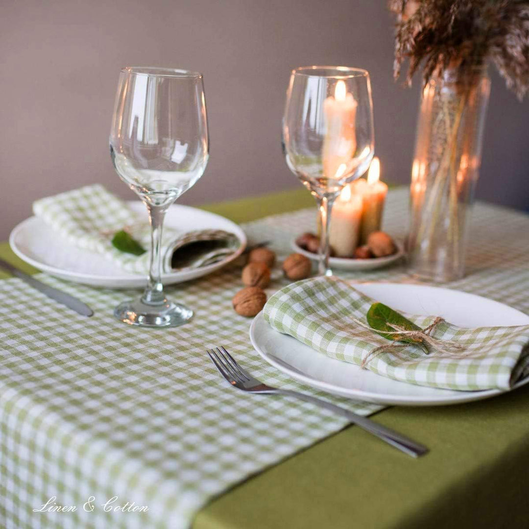 Linen &amp; Cotton Tischläufer Stoff Tischdekoration Tischwäsche Estella - 100% Leinen, Weiss Weiss Grün