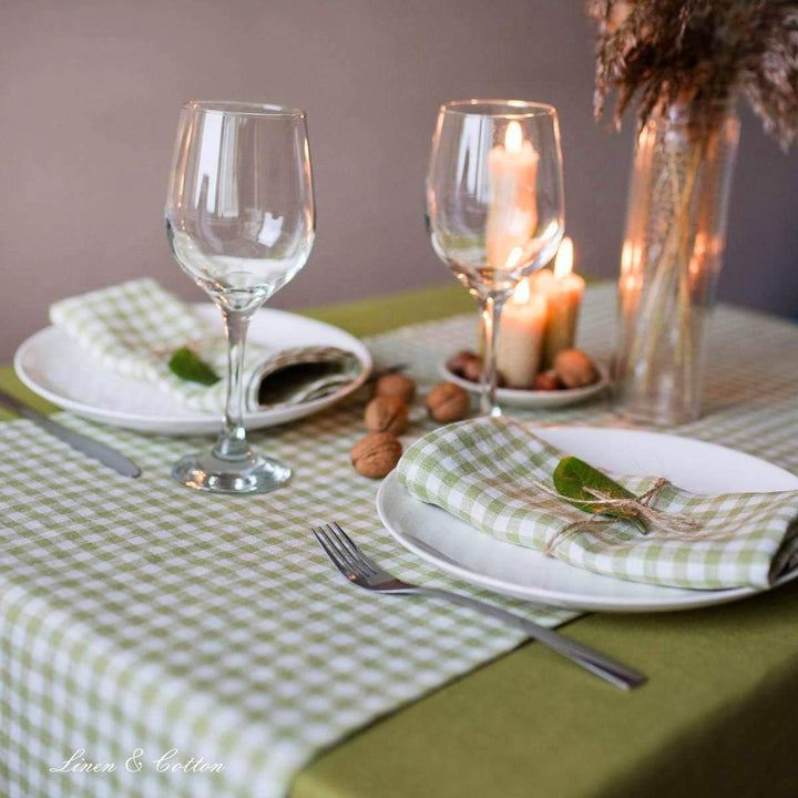Linen &amp; Cotton Tischläufer Stoff Tischdekoration Tischwäsche Estella - 100% Leinen, Weiss Weiss Grün