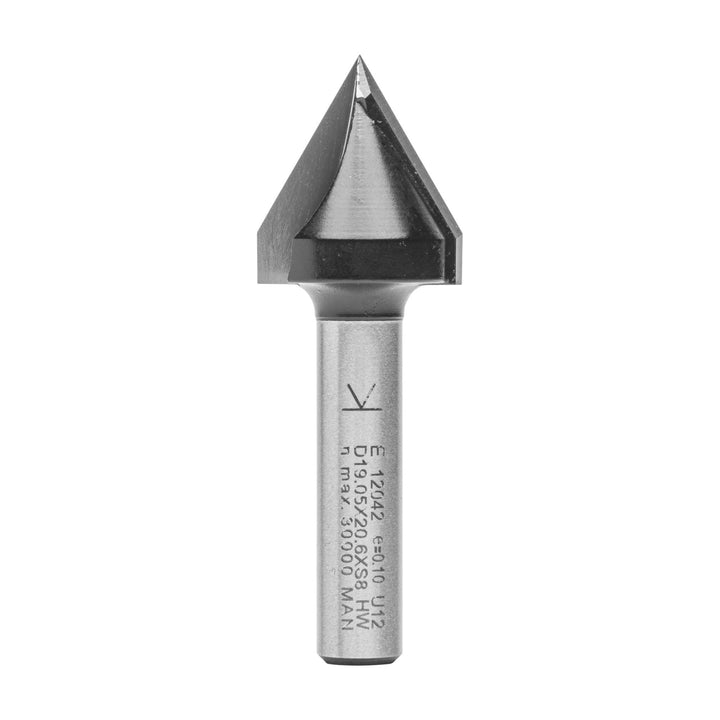 ENT 12042 V-Nutfräser und Schriftenfräser HW, Schaft (S) 8 mm, Durchmesser (D) 19,05 mm, NL 20,6 mm,