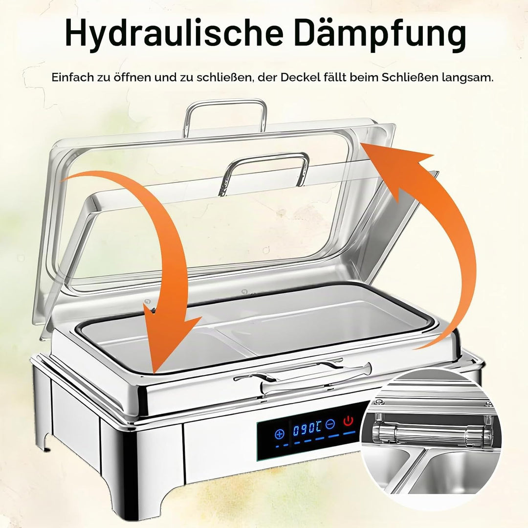 Elektrischer Chafing Dish Glasdeckel, 9L Edelstahl(1/3 Pan) | Speisewärmer Buffetwärmer Elektrisch E