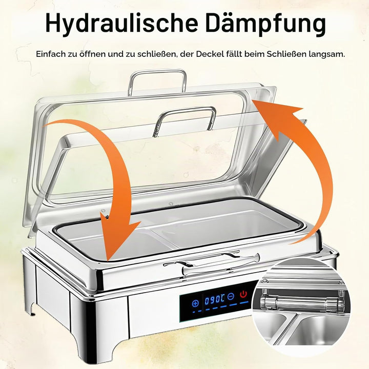 Elektrischer Chafing Dish Glasdeckel, 9L Edelstahl(1/2 Pan) | Speisewärmer Buffetwärmer Elektrisch E