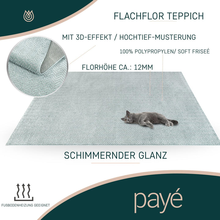 payé Teppich Wohnzimmer - Grün - 160x230cm - Meliert Muster- Einfarbig - Hoch Tief Effekt - Kurzflor