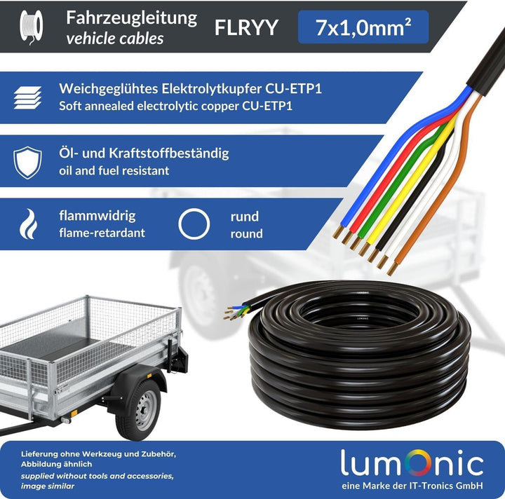 Lumonic 50m FLRYY Fahrzeugkabel 7 adrig I Fahrzeugleitung mit Kabelquerschnitt 7x 1mm² I Kabel Anhän