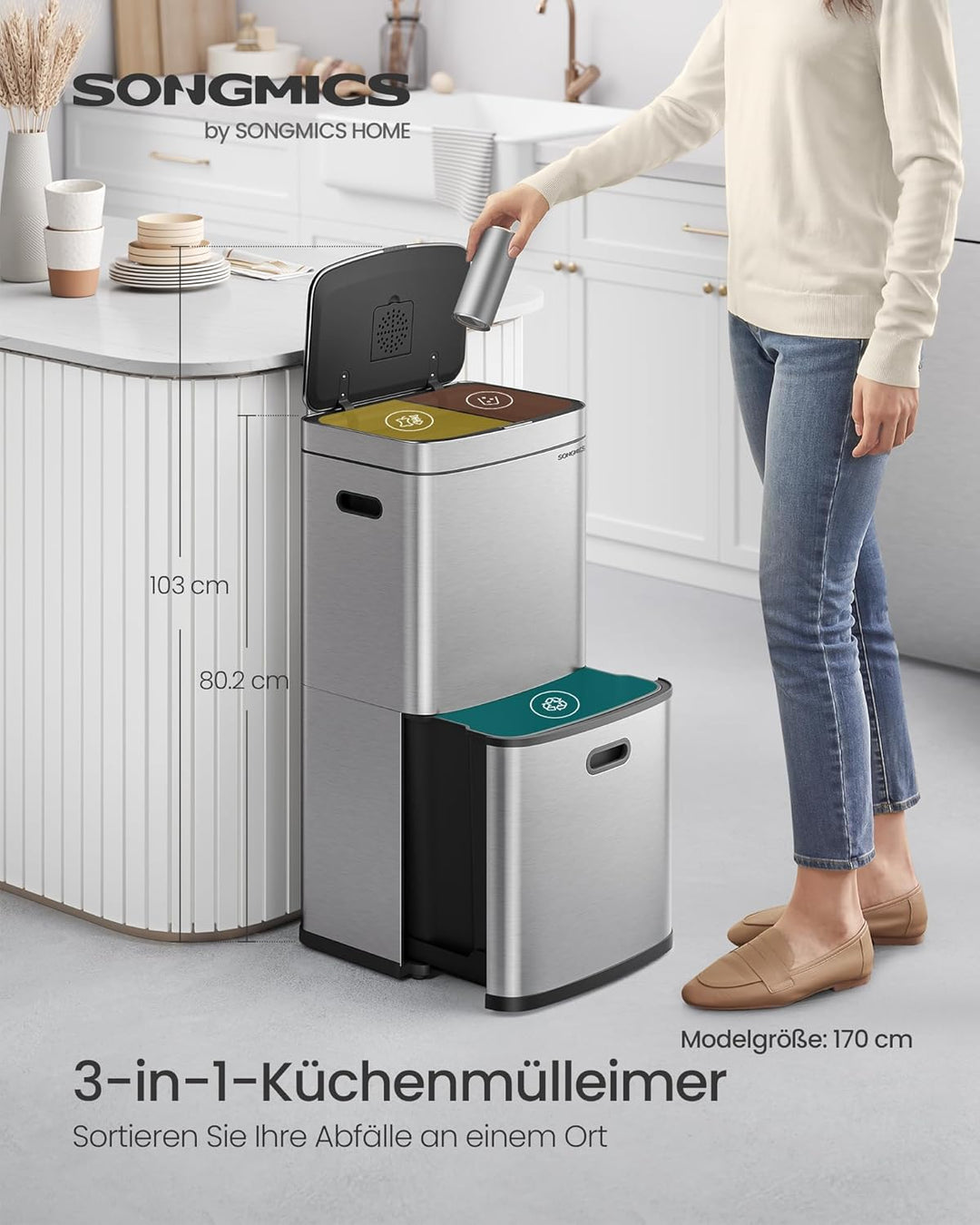 SONGMICS Mülleimer Küche, Mülltrennsystem 3 Fächer, 2 x 10 L und 30 L, Abfalleimer aus Stahl, platzs
