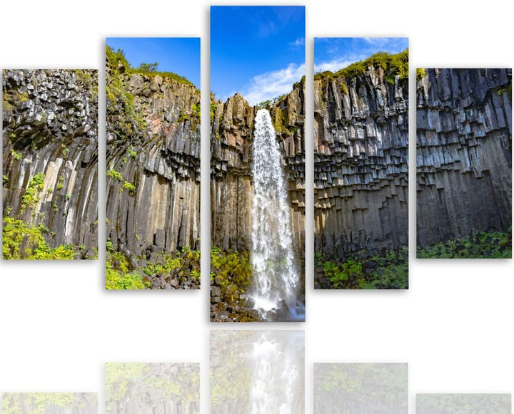 Feeby Leinwandbild 5 Teilig Landschaft Bild Wanddeko Wasserfall Himmel Berge grün 150x100 cm Leinwan