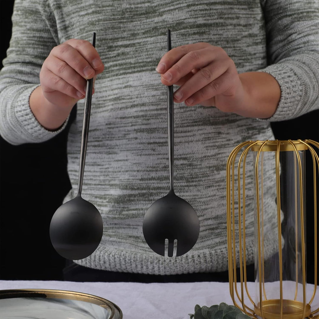 Salatbesteck, Löffel und Gabel, 29 cm, 18/10 Edelstahl, Titanbeschichtung, Schwarz, Schwarz
