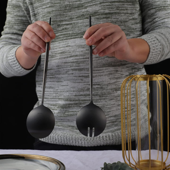Salatbesteck, Löffel und Gabel, 29 cm, 18/10 Edelstahl, Titanbeschichtung, Schwarz, Schwarz